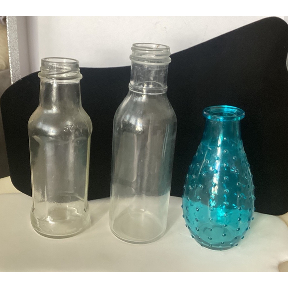 3 Glass Bottles/Vases Jars Retro Kitchen Decor Blue Studded Vase, Heinz 57 - Picture 1 of 11